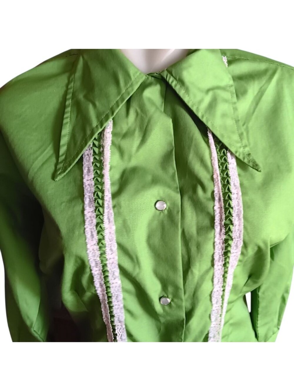 Medium Vintage Cowgirl Blouse Shirt 1960's Karman Western Avocado Green Snap Mod